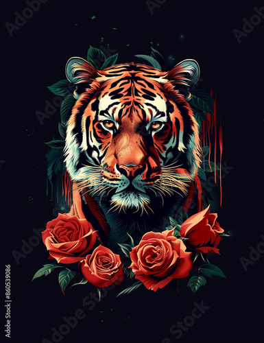 there is a tiger with roses on the head and a black background © Levi