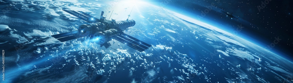 Obraz premium Futuristic Space Station Orbiting Earth in Blue and Black Colors, High Resolution Sci-Fi Concept