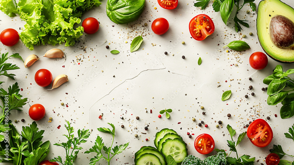 Avocado and herb border with cherry tomatoes, leafy greens, and spices on white background for healthy dishes. Avocado and herb border with cherry tomatoes, leafy greens, and spices on white background for healthy dishes.