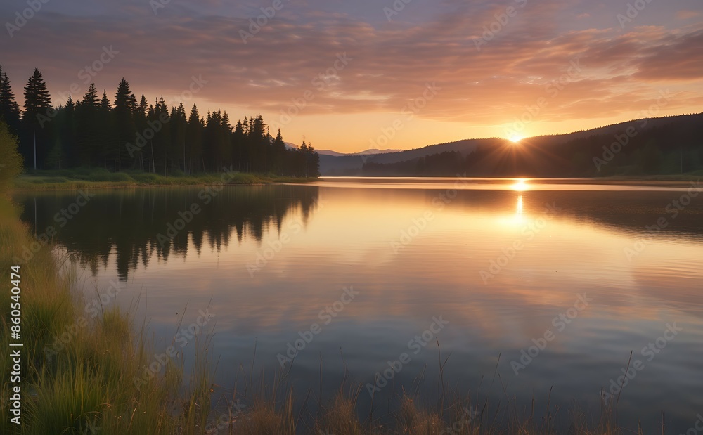 Sunrise on the lake in the summer morning. Landscape. Sunrise on the lake in the summer morning. Landscape.