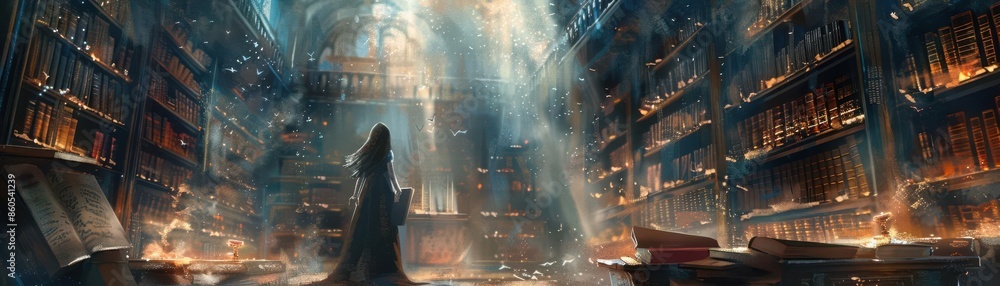 Obraz premium Whimsical watercolor style at an eye-level angle of a librarian sorceress in an ancient