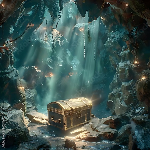 Treasure chest in the cave. 3D illustration. Fantasy. generative AI
