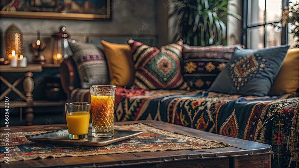 Cozy living room with a glass of orange juice on the coffee table. Cozy living room with a glass of orange juice on the coffee table.