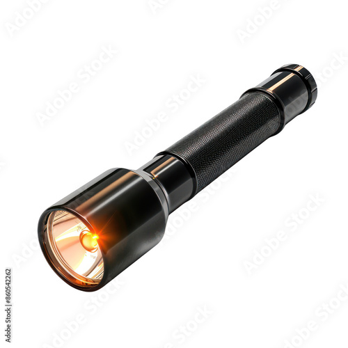 A sleek black flashlight illuminated with bright light, perfect for outdoor adventures or emergencies. High-quality and durable design.