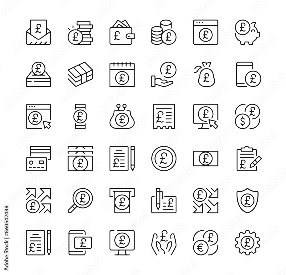 British pound icons set. Vector line icons. Black outline stroke symbols British pound icons set. Vector line icons. Black outline stroke symbols