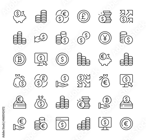 Coin icons set. Vector line icons. Black outline stroke symbols