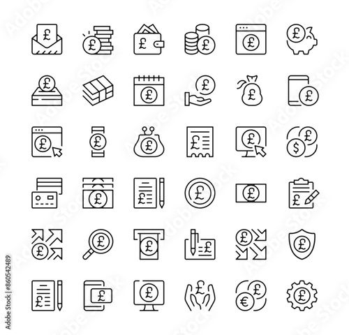 British pound icons set. Vector line icons. Black outline stroke symbols