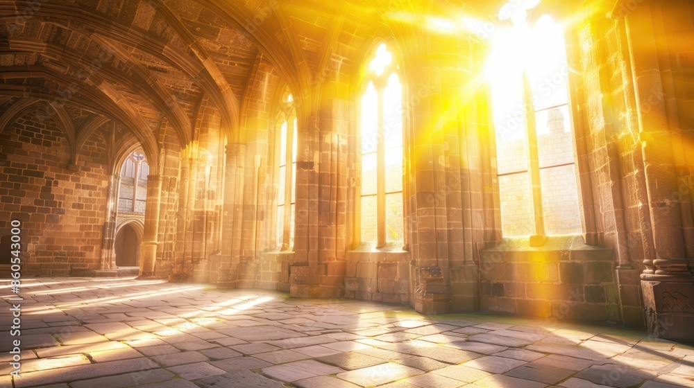 Sunlit gothic cathedral with golden light streaming through arched windows, creating a majestic and serene atmosphere with a touch of historical grandeur. Sunlit gothic cathedral with golden light streaming through arched windows, creating a majestic and serene atmosphere with a touch of historical grandeur.
