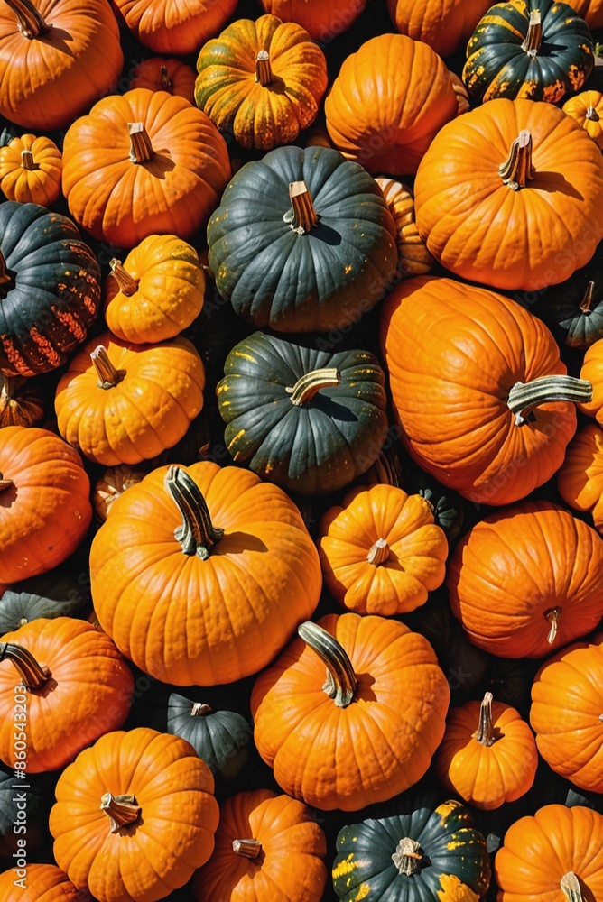 Pattern with a lot of colorful pumpkins. Flat lay autumn composition. Farming, harvest, agriculture concept. Thanksgiving day, Halloween celebration, holiday autumn decor, festive decoration Pattern with a lot of colorful pumpkins. Flat lay autumn composition. Farming, harvest, agriculture concept. Thanksgiving day, Halloween celebration, holiday autumn decor, festive decoration