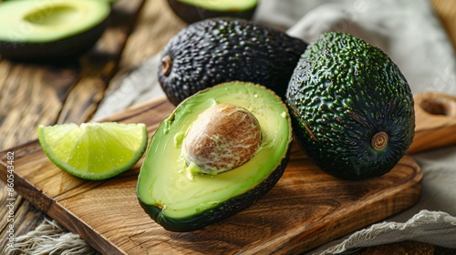 A detailed shot of a freshly cut avocado, showing its creamy green flesh and large seed, placed on a wooden cutting board with lime wedges photo