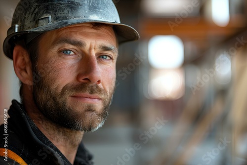 A close up of a man wearing a hard hat
