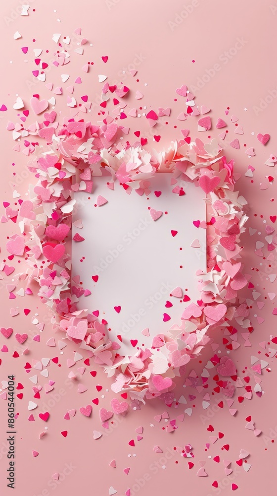 Valentines Day creative composition. Heart shape made of heart shaped confetti and blank paper card on pink background. Suitable for flyer, brochure, stories on social media 