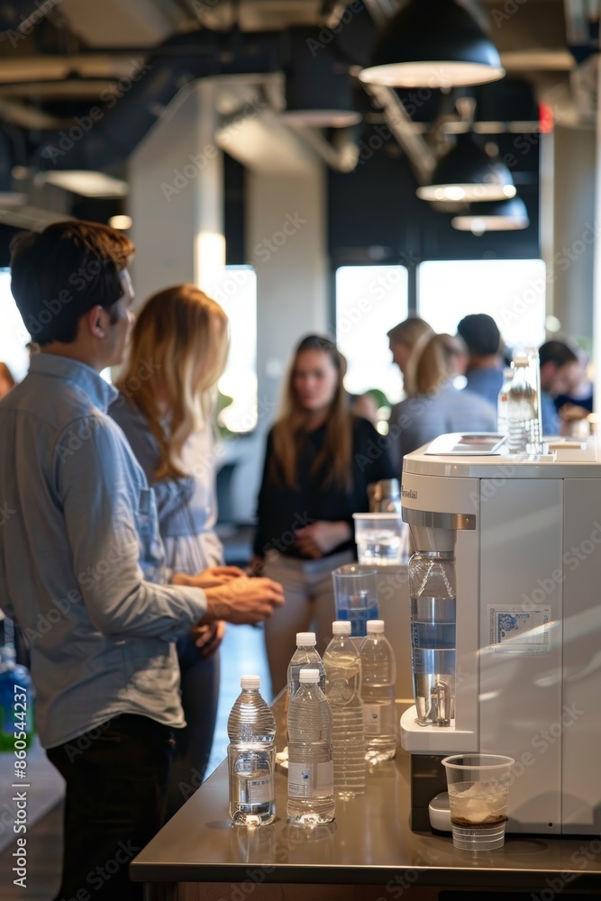 Modern Office Hydration Station with Water Cooler and Colleagues Promoting Health and Well-being Modern Office Hydration Station with Water Cooler and Colleagues Promoting Health and Well-being
