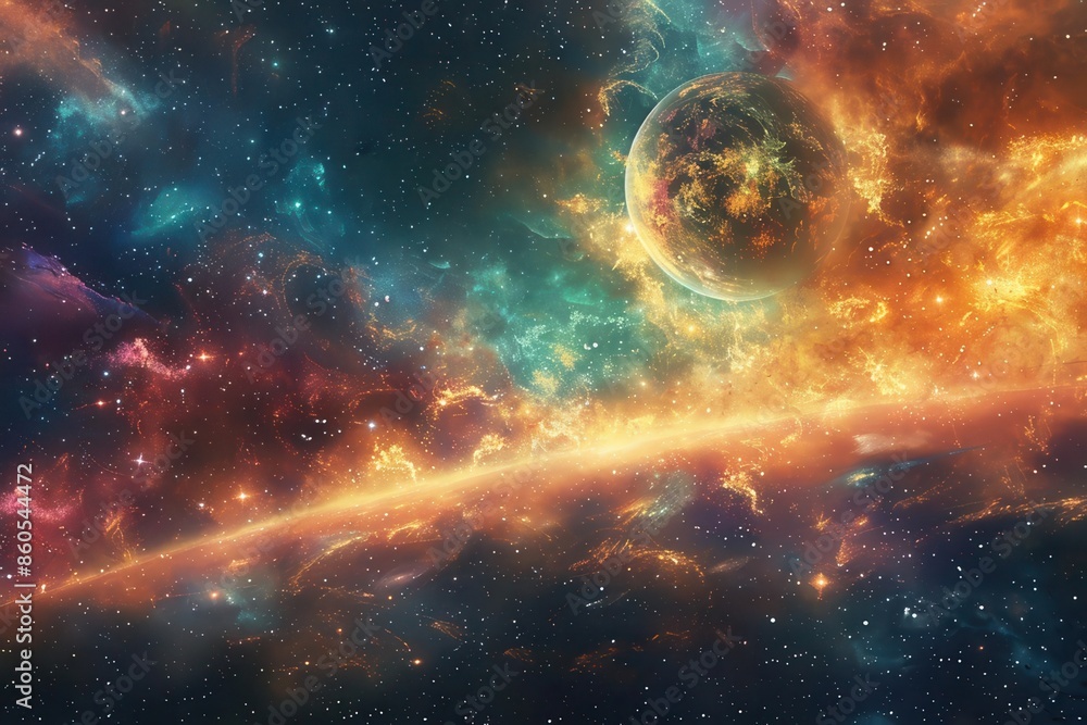A cosmic landscape filled with swirling nebulae and distant stars A cosmic landscape filled with swirling nebulae and distant stars
