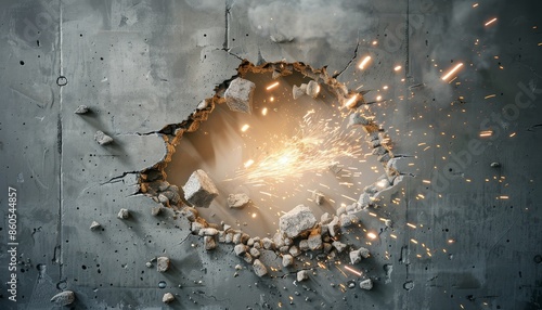 background of a concrete wall with a hole from an explosion.