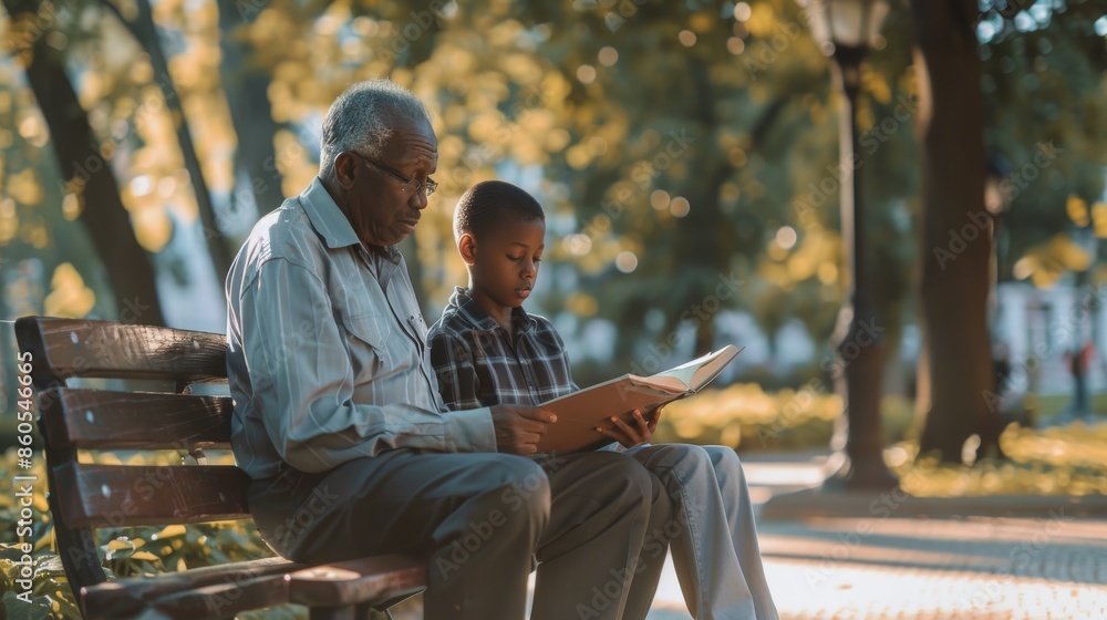 Elderly Multiracial Senior Man and Young African American Boy Reading Together on Park Bench in Autumn. Generative ai Elderly Multiracial Senior Man and Young African American Boy Reading Together on Park Bench in Autumn. Generative ai