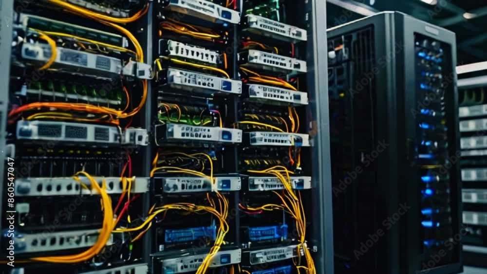 A dark video of a server room with multiple server racks. The servers are lit up by the blue and yellow lights of the network cables that connect them.