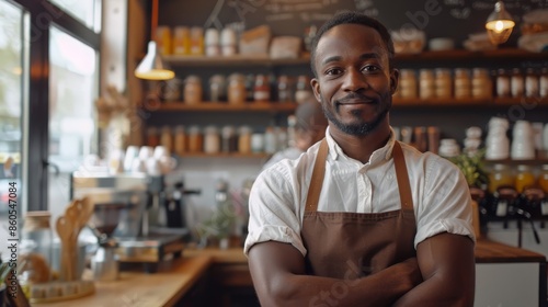 The smiling African American barista poses in a bright caf é wearing a white shirt and brown apron, perfectly embodying the modern caf é atmosphere photo