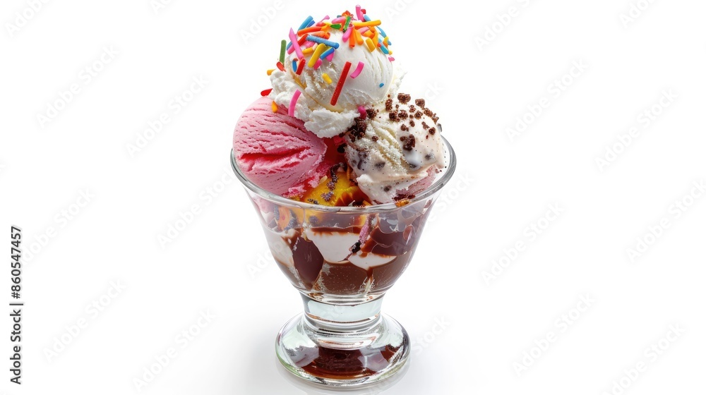 A delicious-looking ice cream sundae with vibrant colors on a clean white background A delicious-looking ice cream sundae with vibrant colors on a clean white background