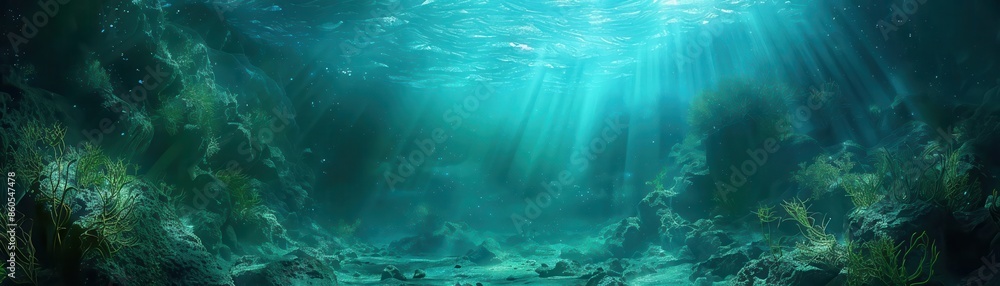 Worms-eye view under the sea, minimalist fantasy landscape, bioluminescent plants and creatures, seamless blue-green gradients, photorealistic render, tranquil and enchanting scene Worms-eye view under the sea, minimalist fantasy landscape, bioluminescent plants and creatures, seamless blue-green gradients, photorealistic render, tranquil and enchanting scene