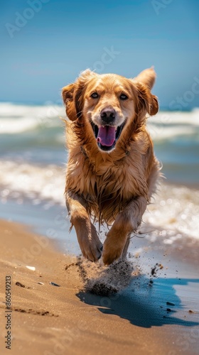 Happy Dog on Sunny Beach Day Generative AI
