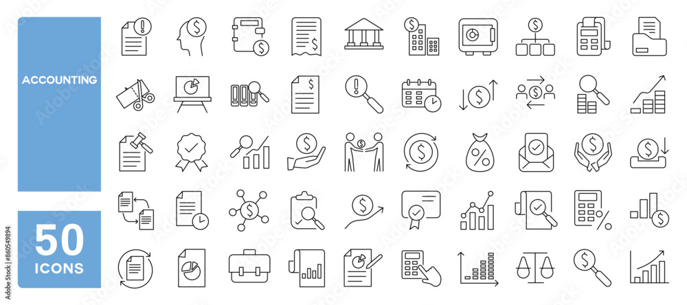 Set of 50 line icons related to accounting, taxes, audit, earnings, finance company, Editable stroke. Vector illustration Set of 50 line icons related to accounting, taxes, audit, earnings, finance company, Editable stroke. Vector illustration