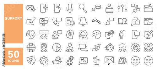 Set of 50 line icons related to support, call center, customer care, assistance, help, Editable stroke. Vector illustration
