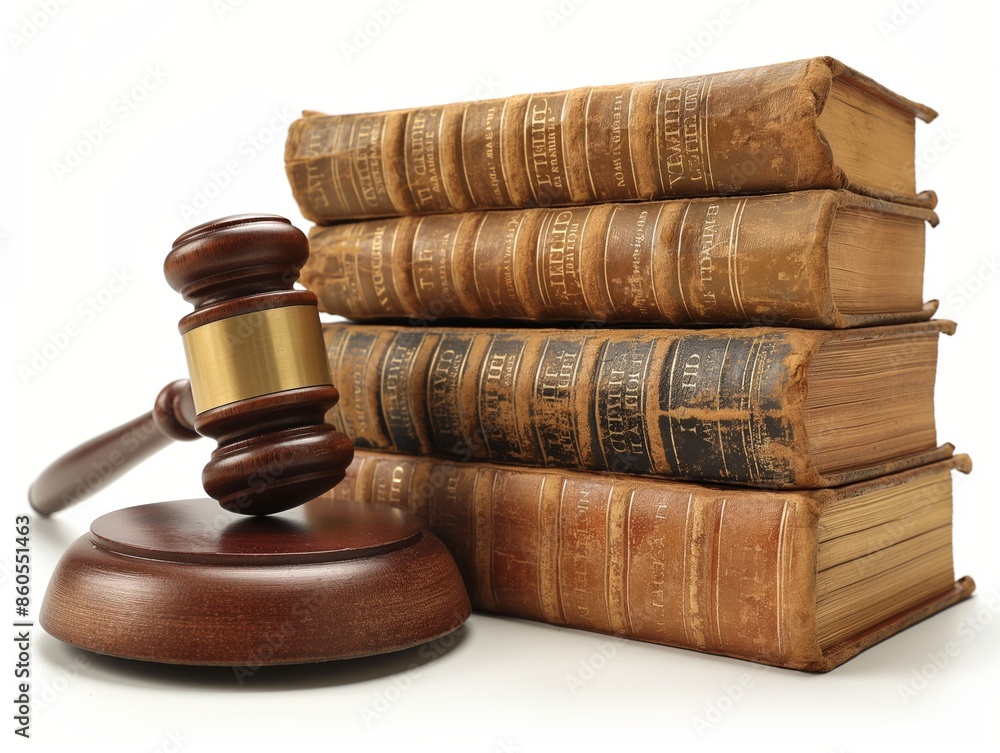 Close-up of wooden gavel and old law books, essential tool in law and justice system, isolated on white background Close-up of wooden gavel and old law books, essential tool in law and justice system, isolated on white background