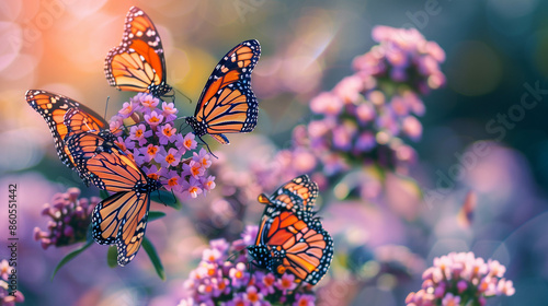 beautiful monarch butterflies gathered on a flowering bush, photo