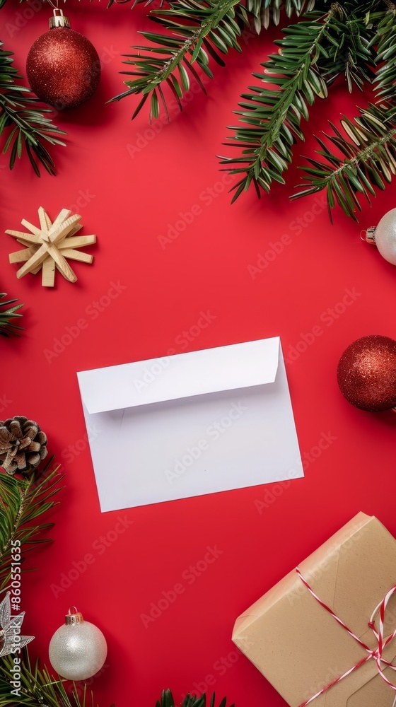 Obraz premium Vintage Christmas flat lay composition. Envelope, blank white card, gift box wrapped craft paper, Xmas wooden decorations, fir tree branches on red background. 