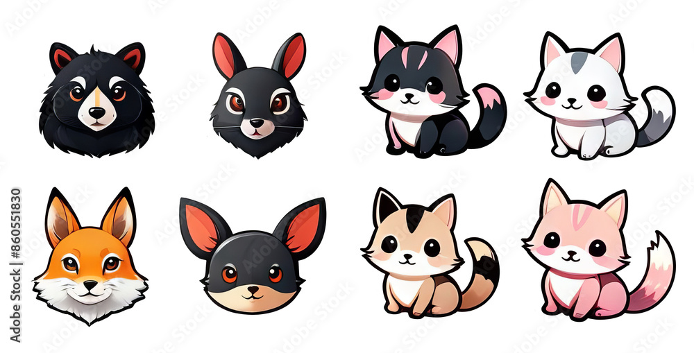 Stickers for design. Collection of cute animal faces on transparent background. Stickers for design. Collection of cute animal faces on transparent background.