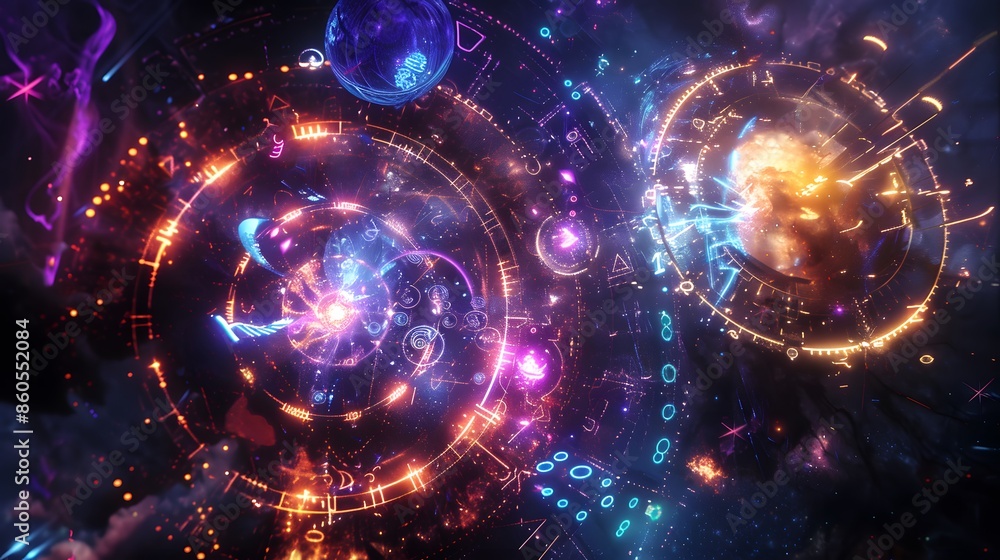 Obraz premium A celestial phone call between heaven and hell, visualized with divine and infernal symbols, glowing numbers, and cosmic connections