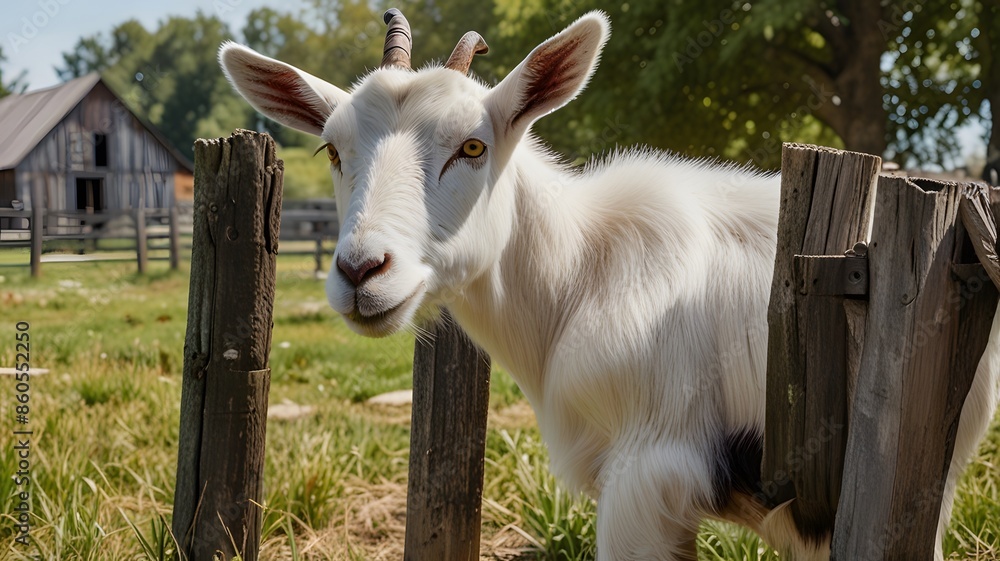 Fototapeta premium A realistic image of a goat standing in a green pasture on a sunny day. The goat has a white coat with brown patches and curved horns