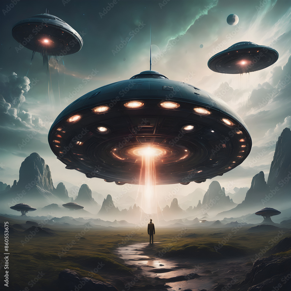 Create a surreal and mysterious UFO-themed photo that captures the awe and wonder of an alien encounter. The scene should evoke a sense of the unknown and otherworldly, with a blend of natural and art Create a surreal and mysterious UFO-themed photo that captures the awe and wonder of an alien encounter. The scene should evoke a sense of the unknown and otherworldly, with a blend of natural and art