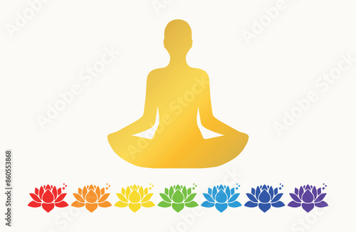 Peace, love, rainbows, relax, shine. Flower, lotus, mindfulness, yoga, chakras, balance. Human, relax, colorful, vibrant, golden. Icon, set, vector