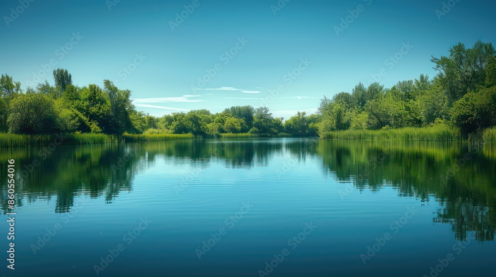 Obraz premium Calm lake reflecting the lush greenery and clear blue sky