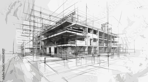 Architectural concept drawing of an urban residential complex in a blueprint sketch style with modern building construction