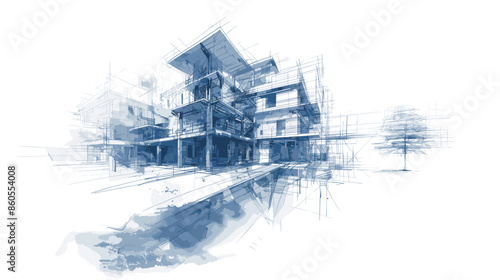 Architectural concept drawing of an urban residential complex in a blueprint sketch style with modern building construction