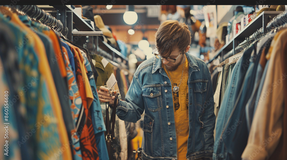 Obraz premium Customer browsing through a rack of sale items in a clothing store