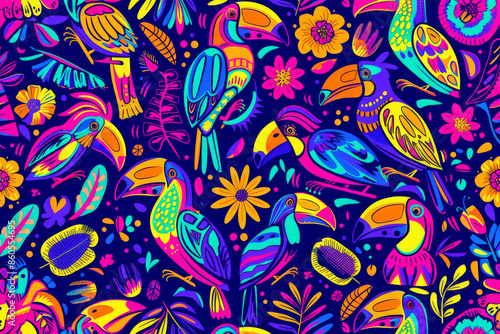 Multicolored background with toucans and flowers