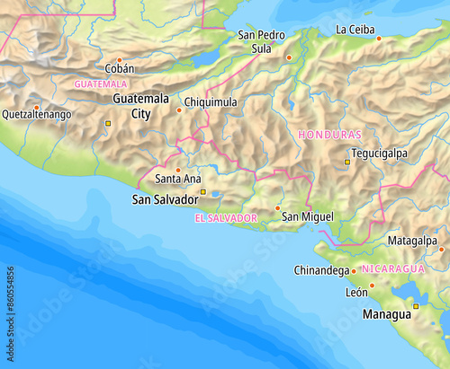 Map of El Salvador and surrounding countries with country names In English