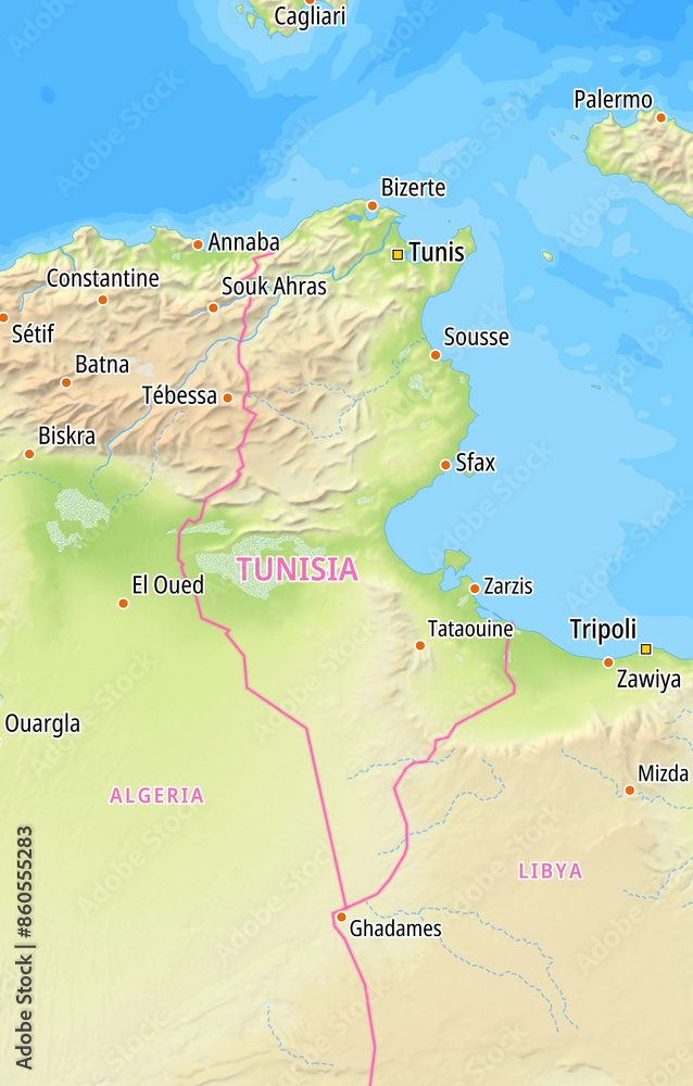 Obraz premium Map of Tunisia and surrounding countries with country names In English