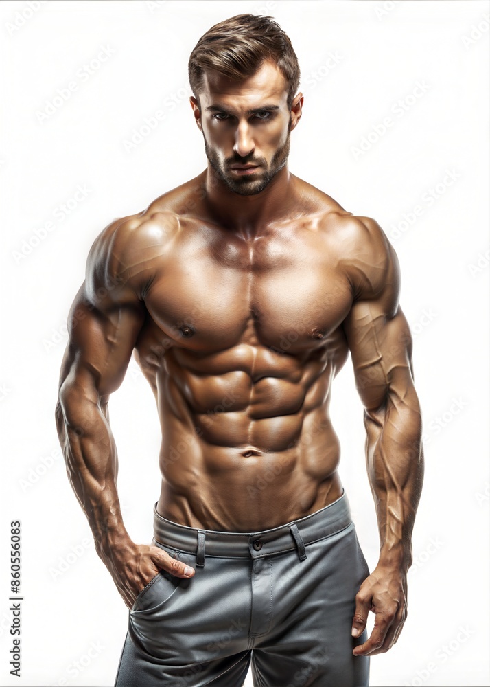Muscular Man Posing Against White Background. Generative AI Muscular Man Posing Against White Background. Generative AI