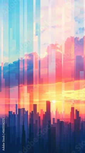 Abstract geometric sunset cityscape with vertical pixelated elements and vibrant colors. The skyline features a mix of skyscrapers against a colorful sky with shades of pink, blue, and orange.