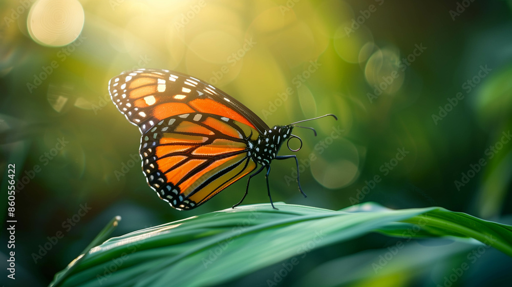 Fototapeta premium butterfly perched delicately on a green leaf, sunlight filtering through,