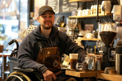 Wheelchair User Barista Working Skillfully in a Bustling Coffee Shop, Showcasing Inclusion and Expertise © spyrakot