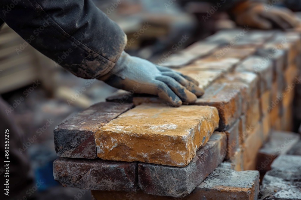 Person in gloves stacking bricks. Person in gloves stacking bricks.