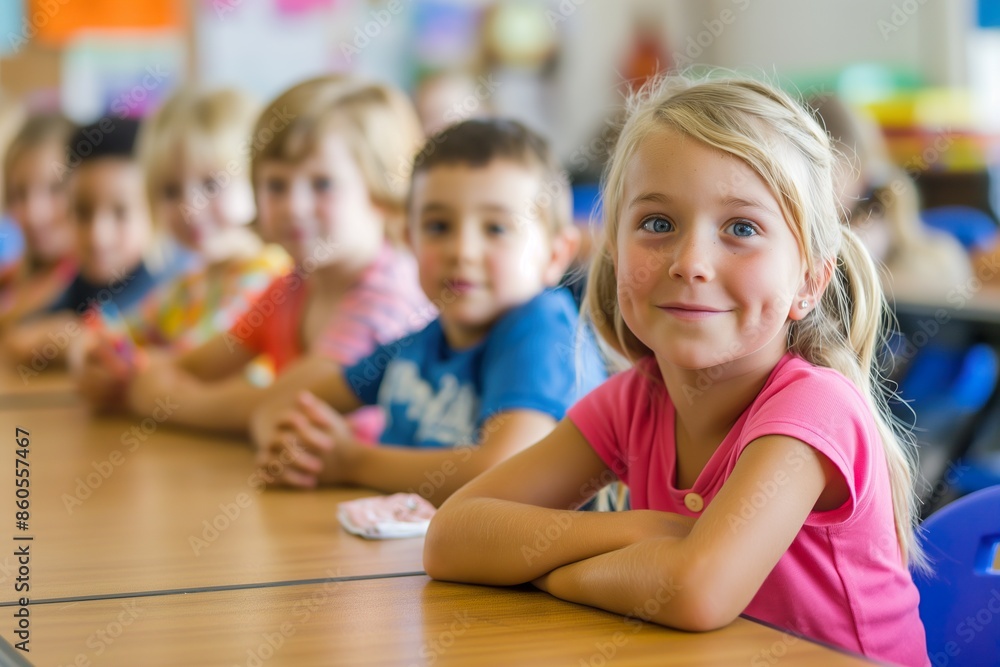 A group of young students sit at their desks in a brightly lit classroom, eager to learn and explore. A group of young students sit at their desks in a brightly lit classroom, eager to learn and explore.