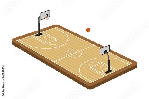 Basketball field court isometric with hoop and ball set vector illustration isolated on white background.