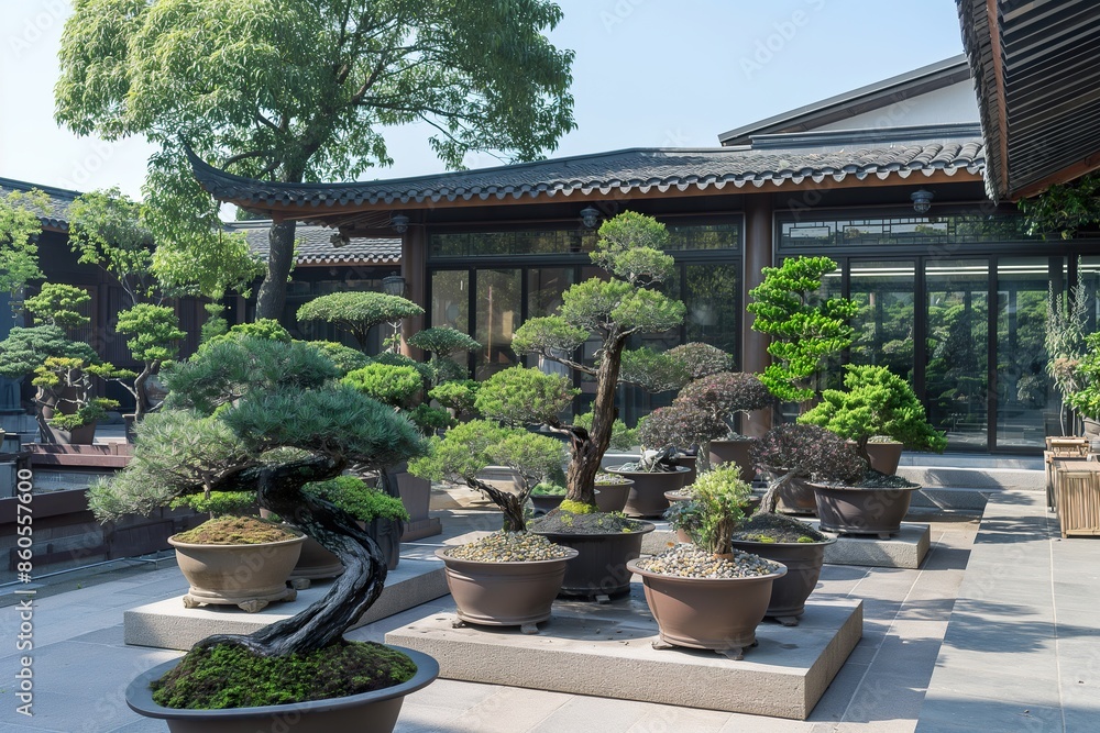 A collection of bonsai trees sit on display in a tranquil courtyard at the National Bonsai and Penjing Museum. A collection of bonsai trees sit on display in a tranquil courtyard at the National Bonsai and Penjing Museum.